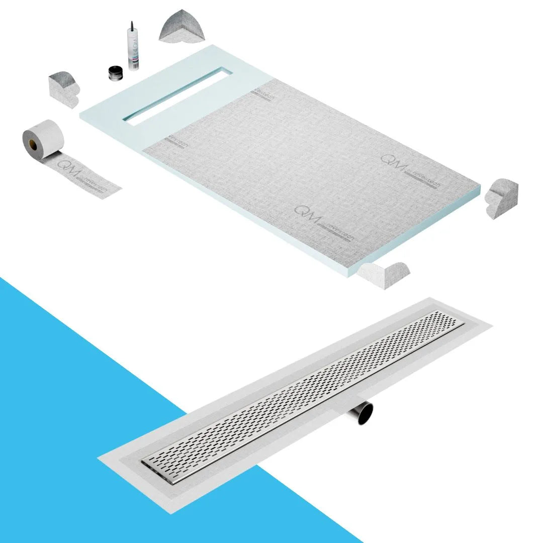 QM Drain Prefab Shower Pan Kit paired with Delta Linear Drain Kit 32 in Satin Side Outlet finish. This system ensures seamless tile integration, efficient water drainage, and a sleek satin aesthetic, perfect for luxury shower installations with a modern side outlet configuration.