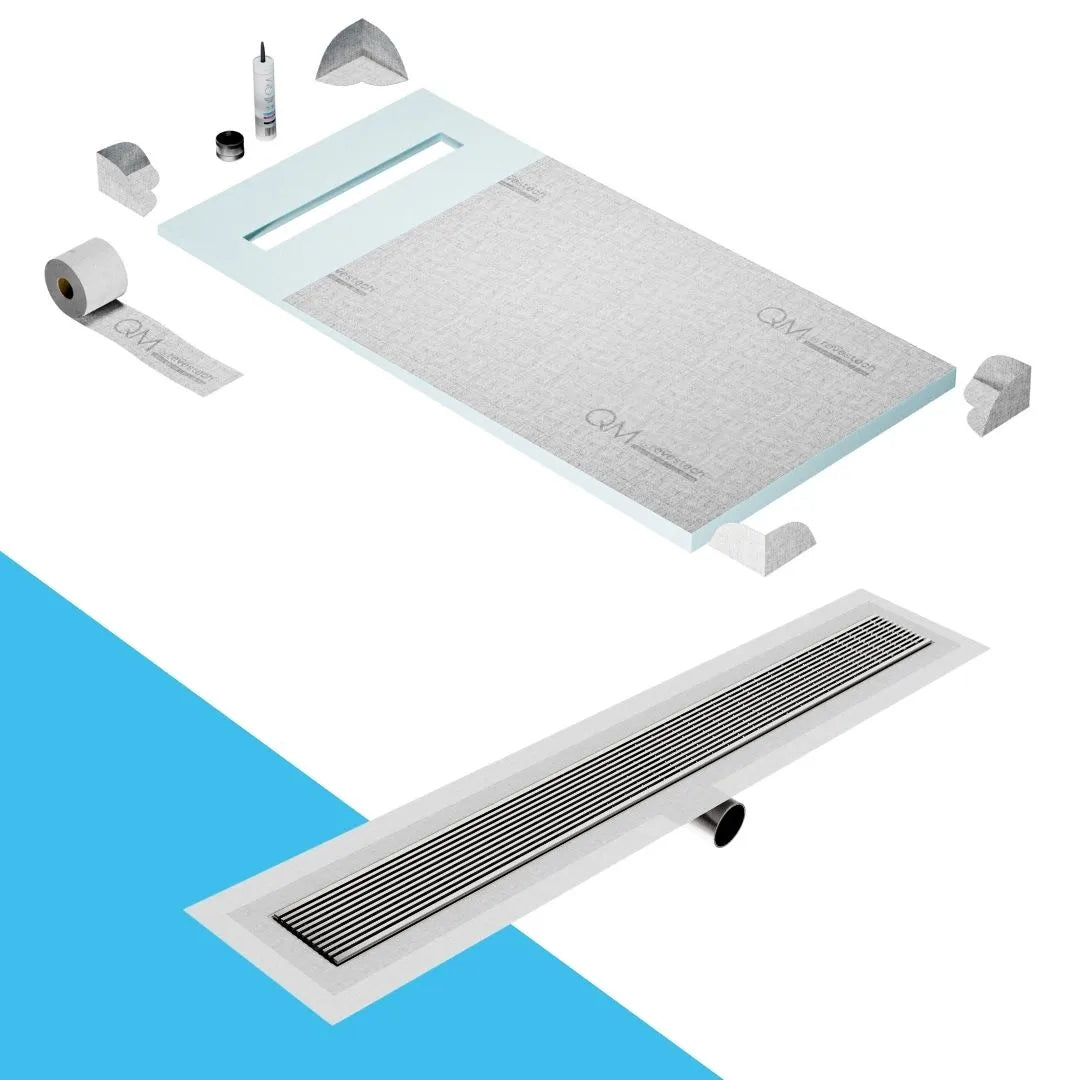 QM Drain Prefab Shower Pan Kit paired with Wedgewire Linear Drain Kit 32 in Satin Side Outlet finish. This system features a modern wedgewire design, efficient water drainage, seamless tile integration, and a sleek satin aesthetic, perfect for luxury shower installations with a side outlet configuration.