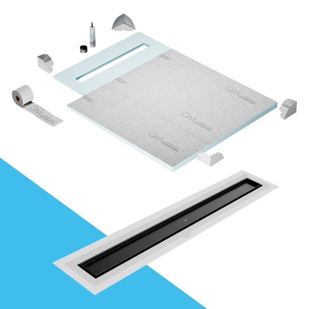 QM Drain Prefab Shower Pan Kit paired with Mist (Tile-In) Linear Drain Kit 40 in Black Flange Edge finish. This system offers seamless tile integration, efficient water drainage, and a sleek black aesthetic, perfect for high-end shower installations with a modern flange edge design.