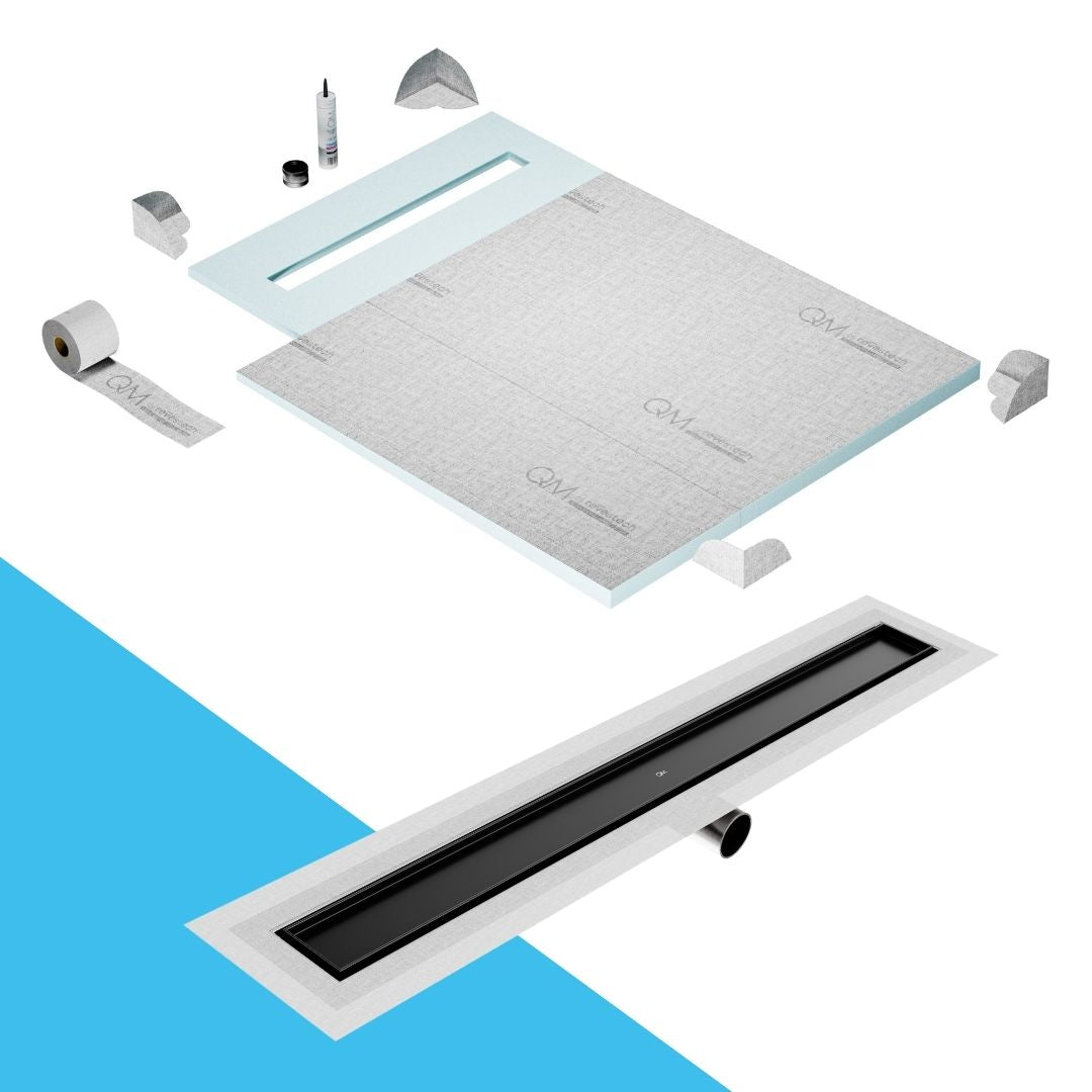 QM Drain Prefab Shower Pan Kit paired with Mist (Tile-In) Linear Drain Kit 40 in Black Side Outlet finish. This system offers seamless tile integration, efficient water drainage, and a sleek black aesthetic, ideal for luxury shower installations with a modern side outlet configuration.