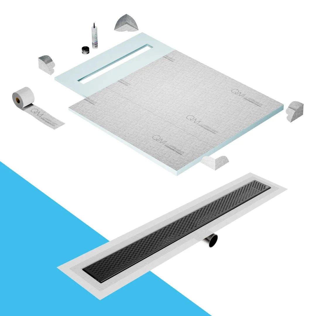 QM Drain Prefab Shower Pan Kit paired with Delta Linear Drain Kit 40 in Black Side Outlet finish. This premium system offers seamless tile integration, efficient water drainage, and a sleek black aesthetic, perfect for high-end luxury shower installations with a modern side outlet configuration.