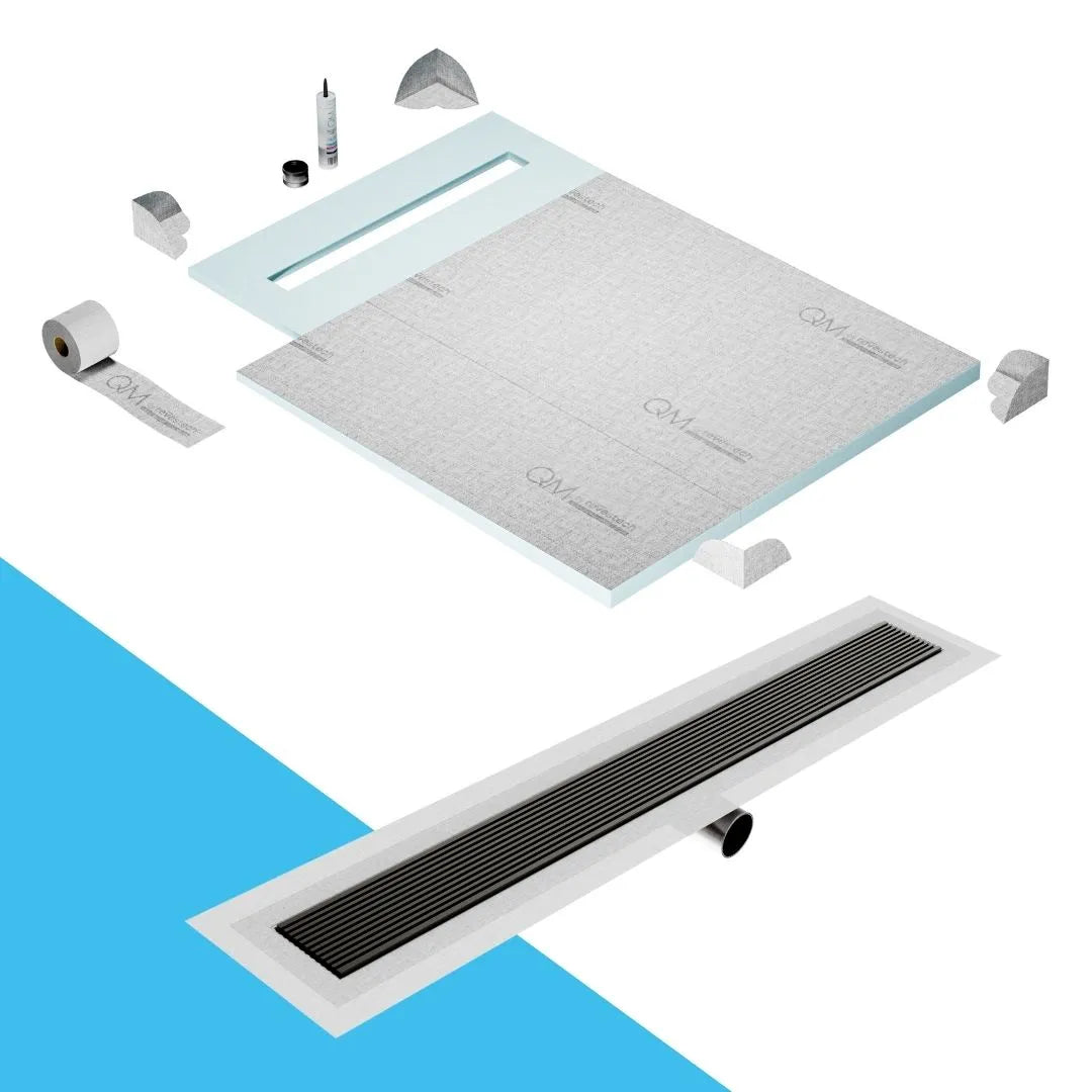 QM Drain Prefab Shower Pan Kit paired with Wedgewire Linear Drain Kit 40 in Black Side Outlet finish. This system features a modern wedgewire design, seamless tile integration, and efficient water drainage, making it ideal for luxury shower installations with a sleek side outlet configuration.