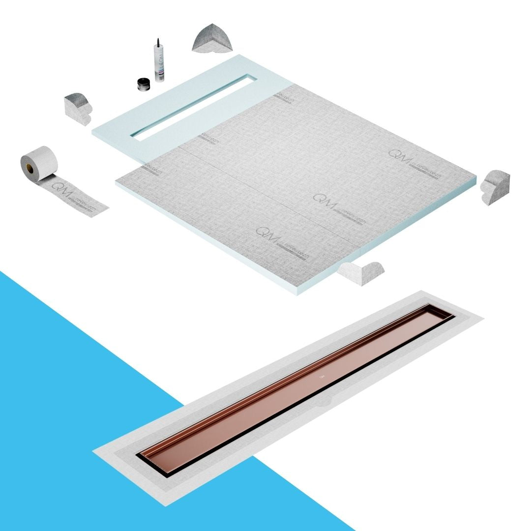 QM Drain Prefab Shower Pan Kit paired with Mist (Tile-In) Linear Drain Kit 40 in Bronze Flange Edge finish. This system offers seamless tile integration, efficient water drainage, and a sophisticated bronze aesthetic, perfect for luxury shower installations with a modern flange edge design.