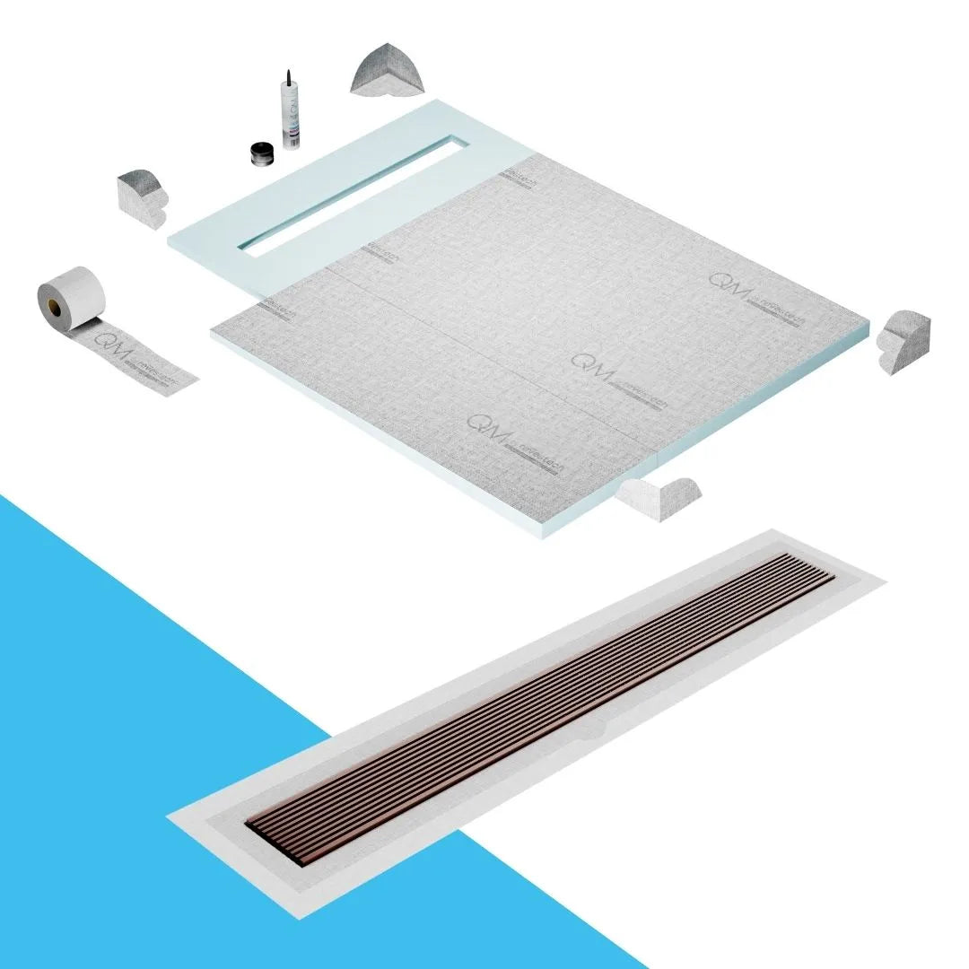 QM Drain Prefab Shower Pan Kit paired with Wedgewire Linear Drain Kit 40 in Bronze Flange Edge finish. This system features a sleek wedgewire design, efficient water drainage, seamless tile integration, and a luxurious bronze aesthetic, ideal for luxury shower installations with a modern flange edge configuration.