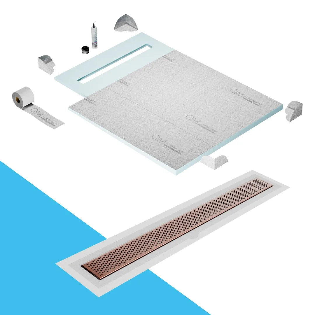 QM Drain Prefab Shower Pan Kit paired with Delta Linear Drain Kit 40 in Bronze Flange Edge finish. This system ensures efficient water drainage, seamless tile integration, and a luxurious bronze aesthetic, perfect for high-end shower installations with a sleek, modern flange edge design.