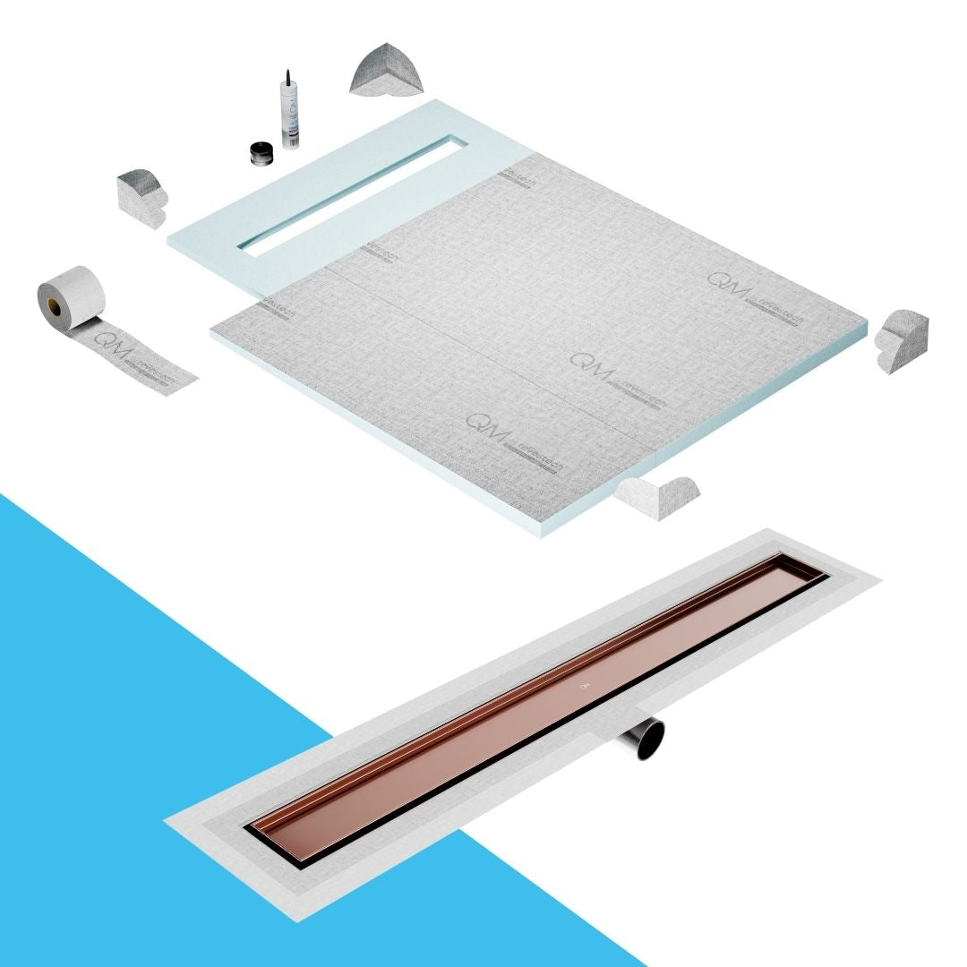 QM Drain Prefab Shower Pan Kit paired with Mist (Tile-In) Linear Drain Kit 40 in Bronze Side Outlet finish. This system offers seamless tile integration, efficient water drainage, and a luxurious bronze aesthetic, perfect for high-end shower installations with a sleek side outlet design.