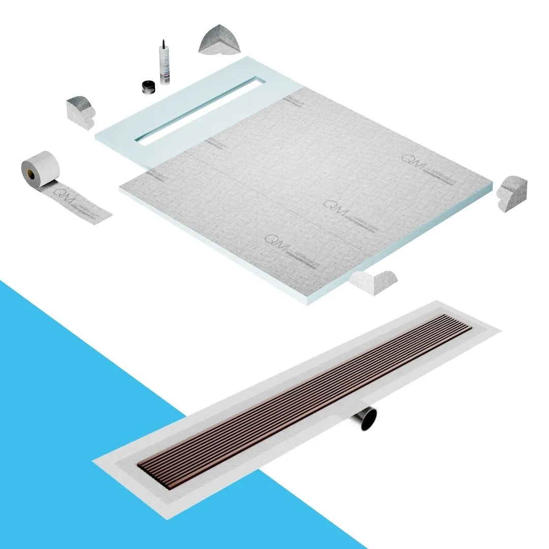 QM Drain Prefab Shower Pan Kit paired with Wedgewire Linear Drain Kit 40 in Bronze Side Outlet finish. This system features a modern wedgewire design, efficient water drainage, seamless tile integration, and a luxurious bronze aesthetic, perfect for luxury shower installations with a side outlet configuration.