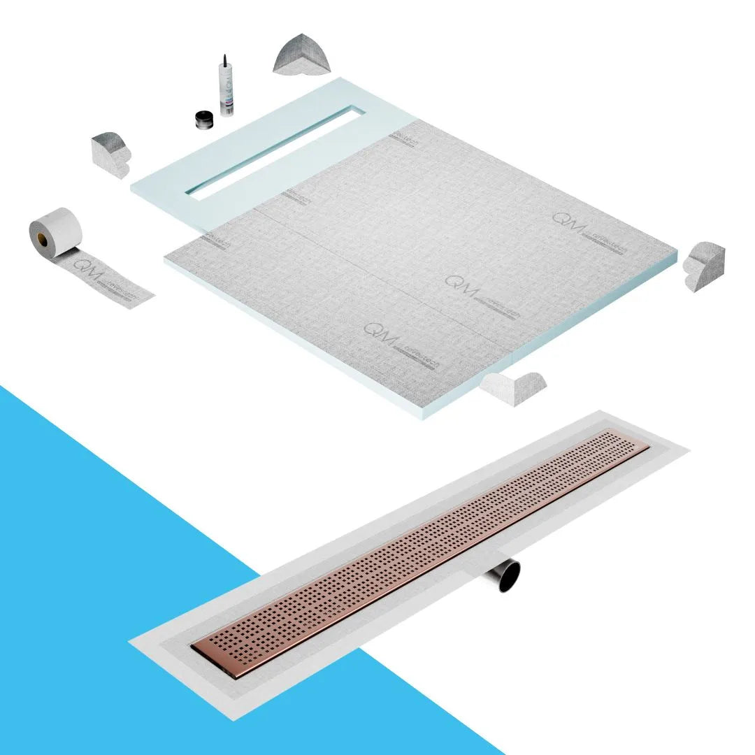 QM Drain Prefab Shower Pan Kit paired with Kai Linear Drain Kit 40 in Bronze Side Outlet finish. This premium system ensures seamless tile integration, efficient water drainage, and a sophisticated bronze aesthetic, making it ideal for high-end shower installations with a sleek side outlet configuration.