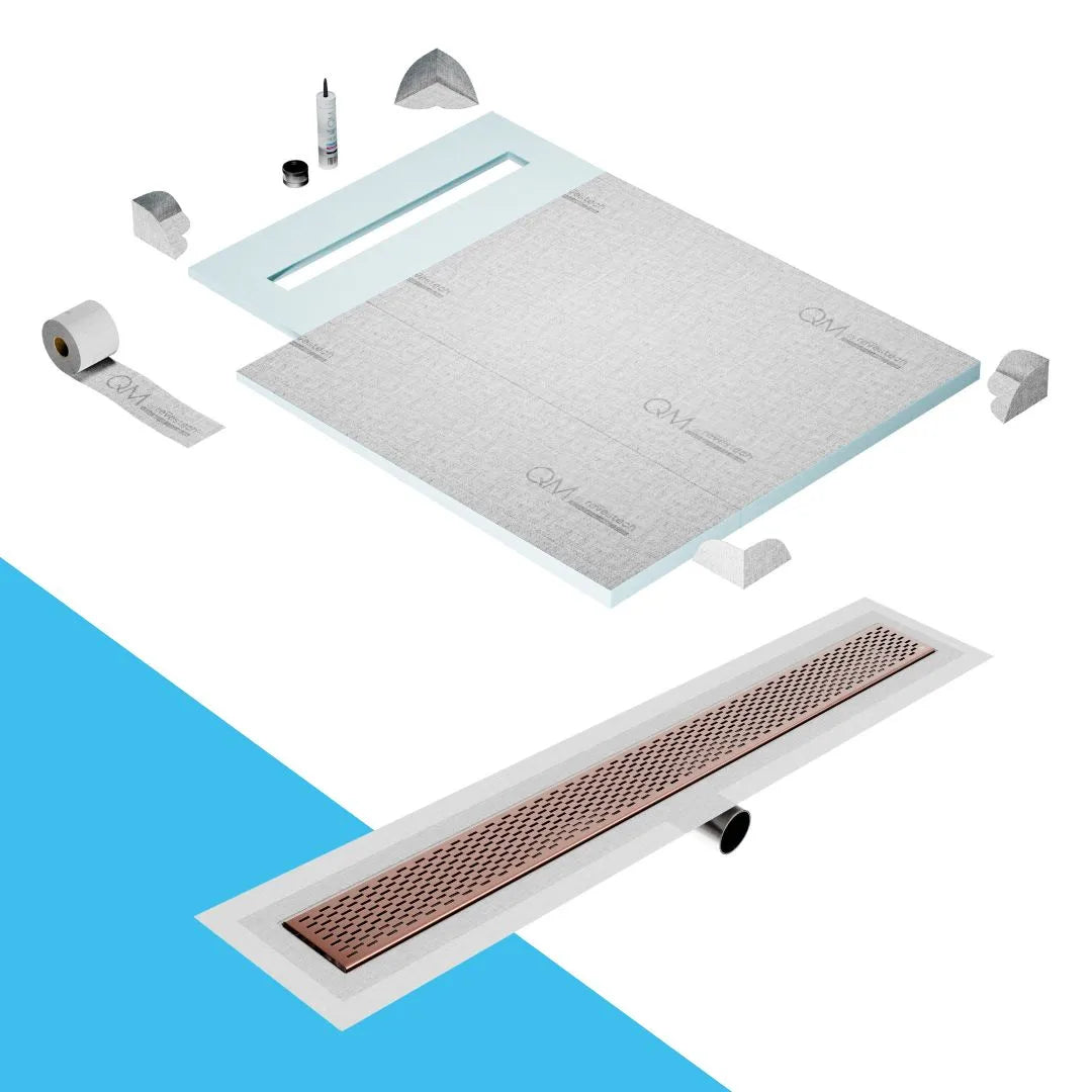 QM Drain Prefab Shower Pan Kit paired with Delta Linear Drain Kit 40 in Bronze Side Outlet finish. This system ensures efficient water drainage, seamless tile integration, and a luxurious bronze aesthetic, perfect for high-end shower installations with a modern side outlet configuration.