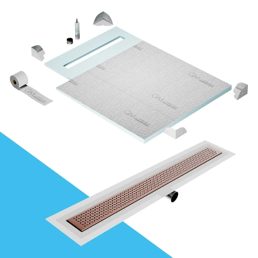 QM Drain Prefab Shower Pan Kit paired with Lotus Linear Drain Kit 40 in Bronze Side Outlet finish. This system offers seamless tile integration, efficient water drainage, and a sleek bronze aesthetic, perfect for luxury shower installations with a contemporary side outlet configuration.