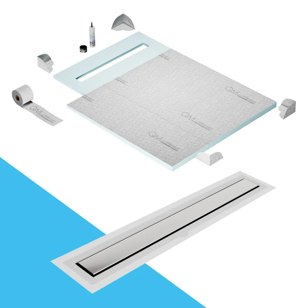 QM Drain Prefab Shower Pan Kit paired with Mist (Tile-In) Linear Drain Kit 40 in Frameless Flange Edge finish. This system provides seamless tile integration, efficient water drainage, and a sleek minimalist design, perfect for frameless luxury shower installations with a modern flange edge.