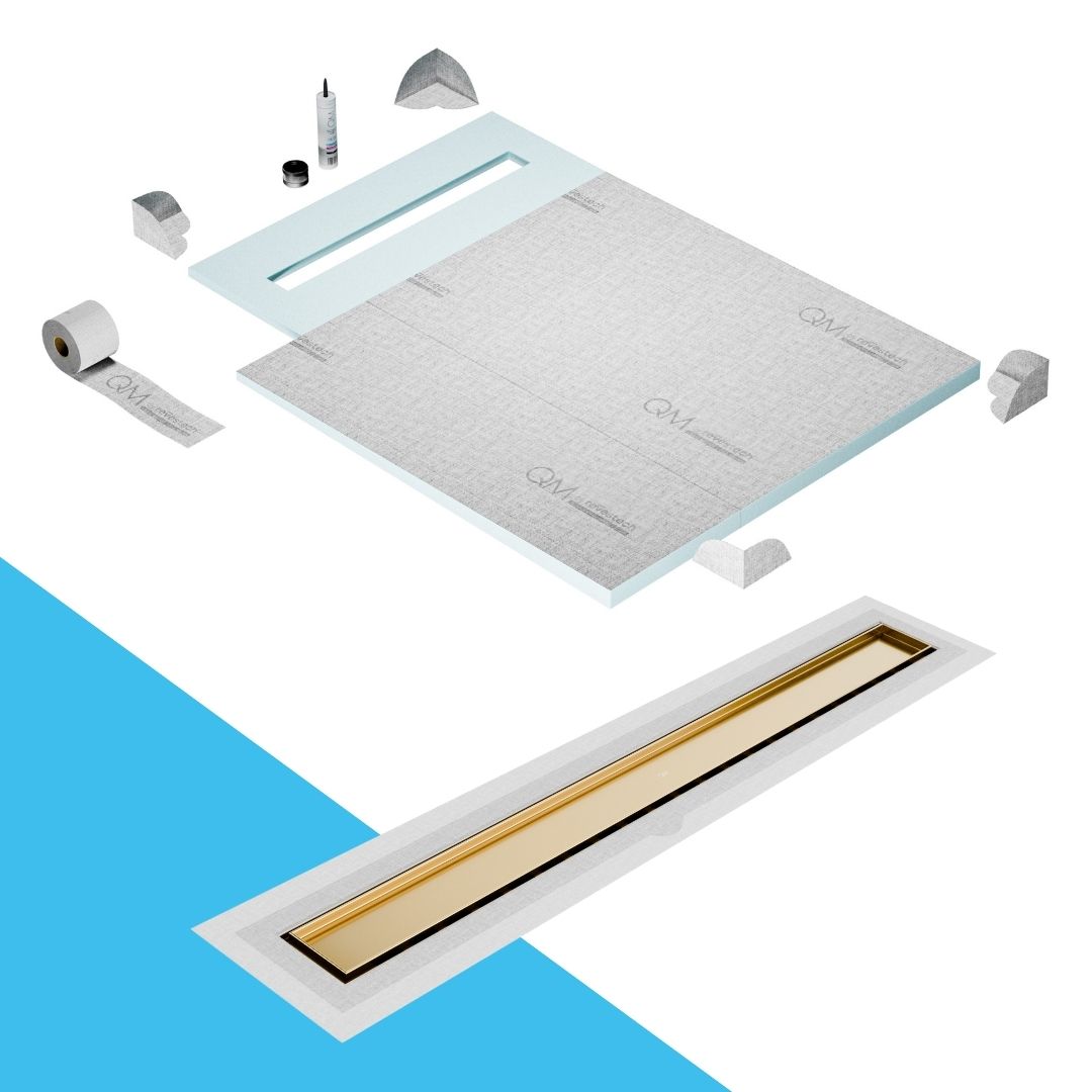 QM Drain Prefab Shower Pan Kit paired with Mist (Tile-In) Linear Drain Kit 40 in Gold Flange Edge finish. This high-quality system ensures efficient water drainage, seamless tile integration, and a luxurious gold aesthetic, making it perfect for luxury shower installations with a modern flange edge design.