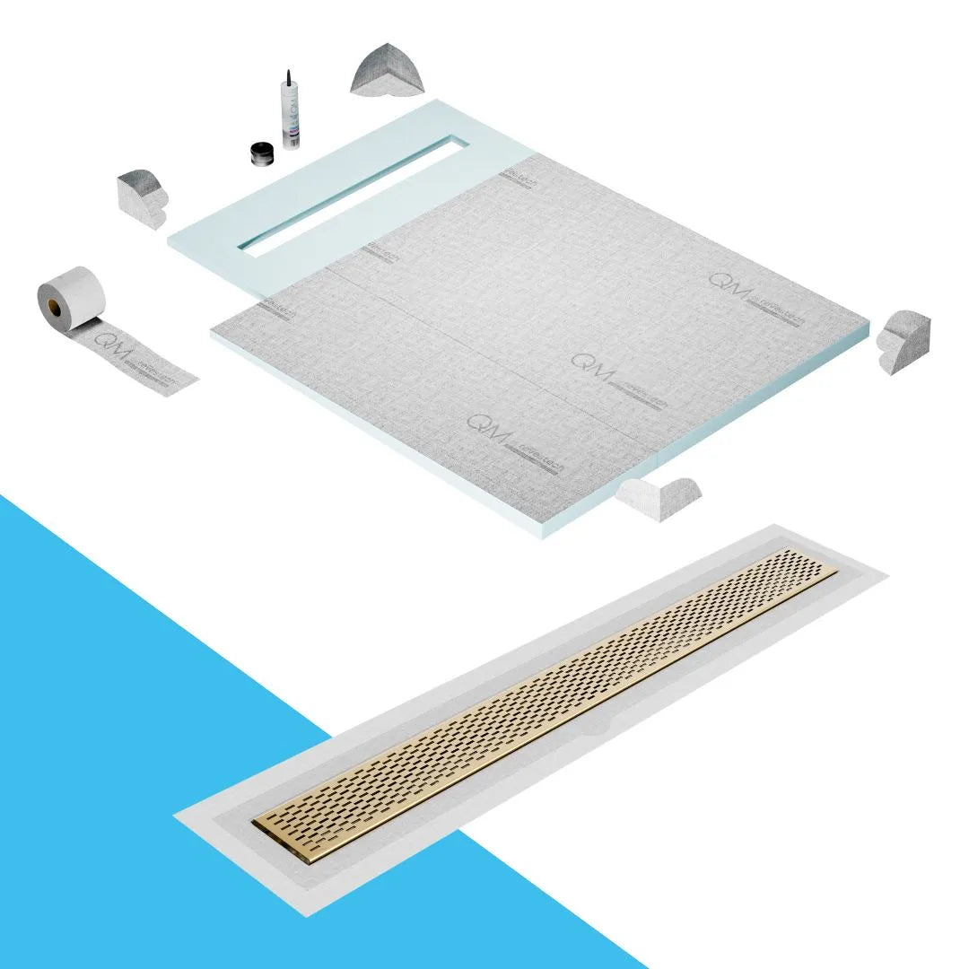QM Drain Prefab Shower Pan Kit paired with Delta Linear Drain Kit 40 in Gold Flange Edge finish. This premium system ensures efficient water drainage, seamless tile integration, and a luxurious gold aesthetic, perfect for high-end shower installations with a modern flange edge design.