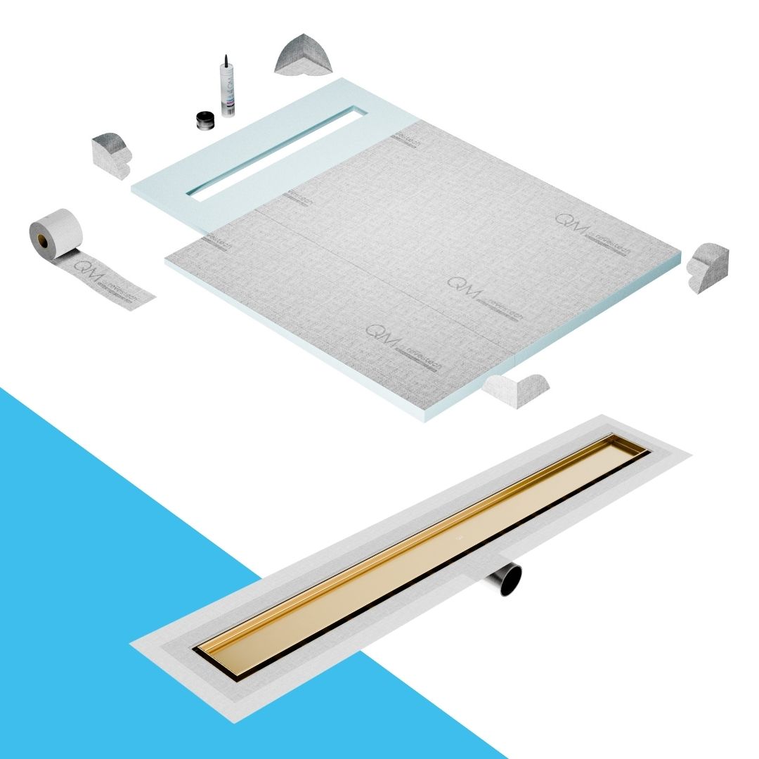 QM Drain Prefab Shower Pan Kit paired with Mist (Tile-In) Linear Drain Kit 40 in Gold Side Outlet finish. This system offers seamless tile integration, efficient water drainage, and a luxurious gold aesthetic, perfect for high-end shower installations with a modern side outlet design.