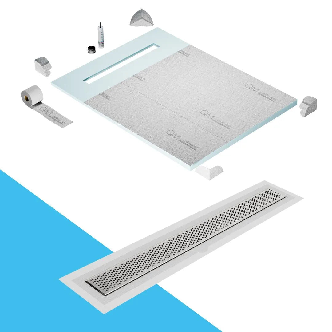 QM Drain Prefab Shower Pan Kit paired with Delta Linear Drain Kit 40 in Polished Flange Edge finish. This system ensures seamless tile integration, efficient water drainage, and a polished aesthetic, ideal for luxury shower installations with a sleek, modern flange edge configuration.