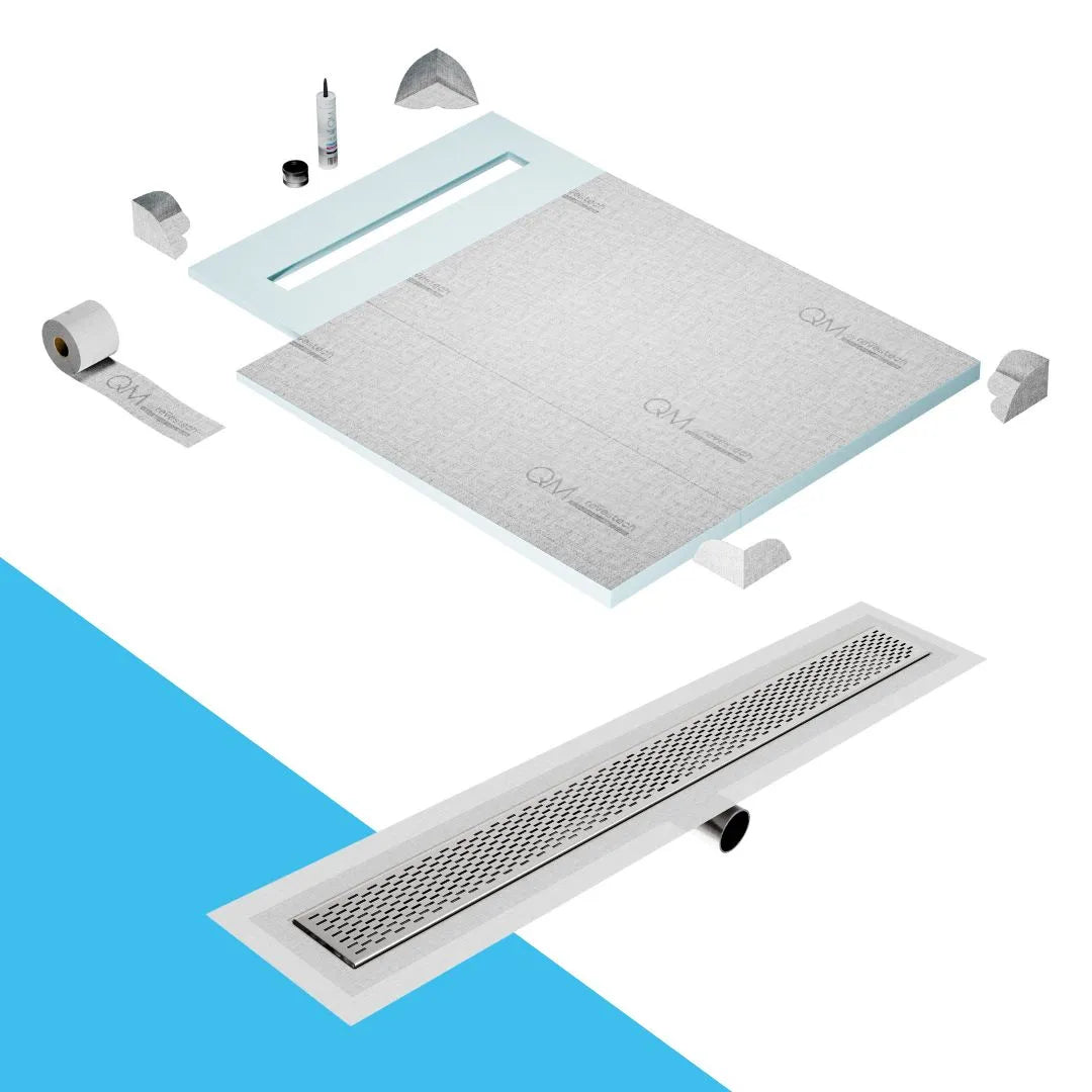 QM Drain Prefab Shower Pan Kit paired with Delta Linear Drain Kit 40 in Polished Side Outlet finish. This high-quality system ensures seamless tile integration, efficient water drainage, and a polished aesthetic, perfect for luxury shower installations with a sleek, modern side outlet configuration.