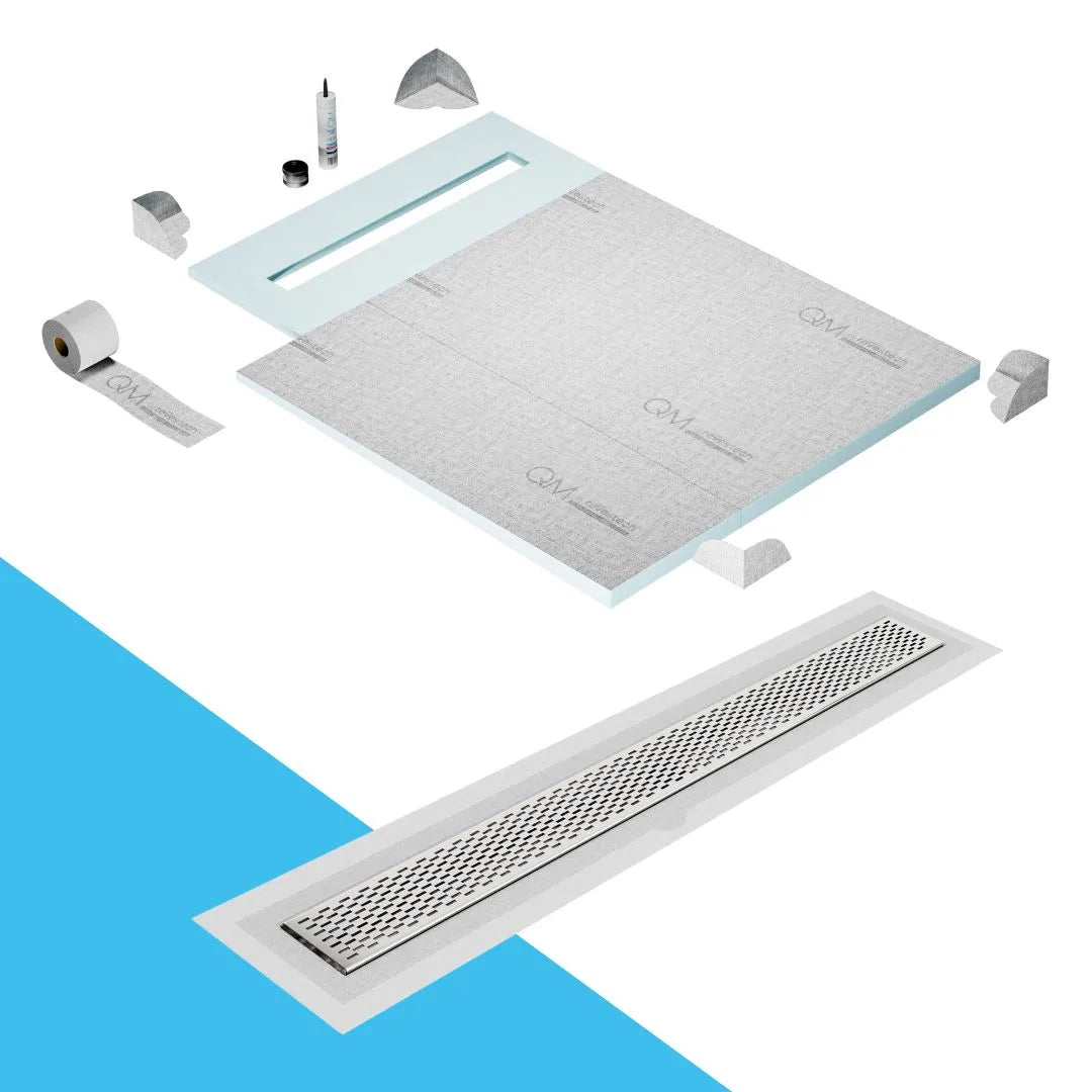 QM Drain Prefab Shower Pan Kit paired with Delta Linear Drain Kit 40 in Satin Flange Edge finish. This high-quality system ensures seamless tile integration, efficient water drainage, and a sleek satin aesthetic, perfect for luxury shower installations with a modern flange edge configuration.