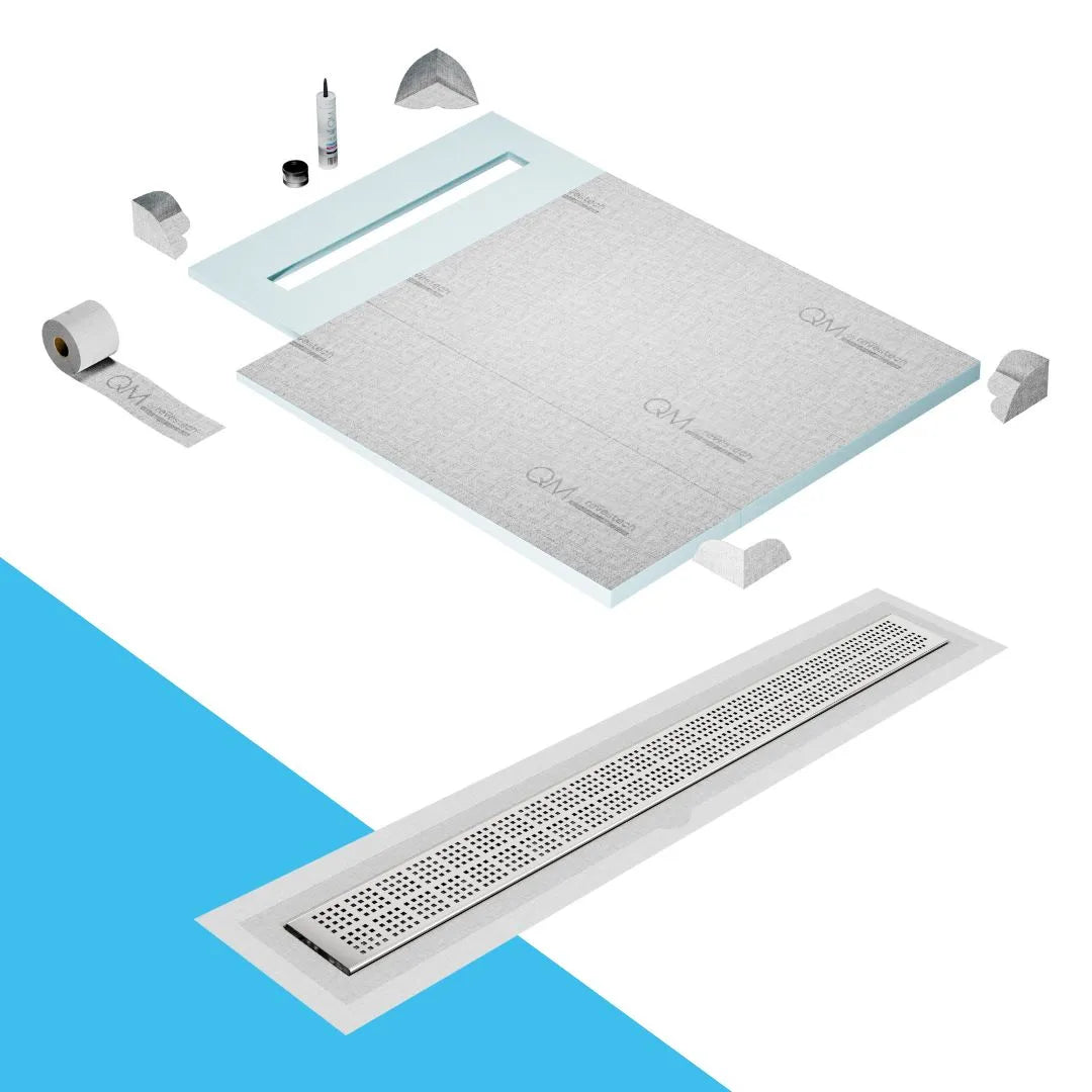 QM Drain Prefab Shower Pan Kit paired with Kai Linear Drain Kit 40 in Satin Flange Edge finish. This system provides seamless tile integration, efficient water drainage, and a sleek satin aesthetic, making it ideal for luxury shower installations with a modern flange edge design.