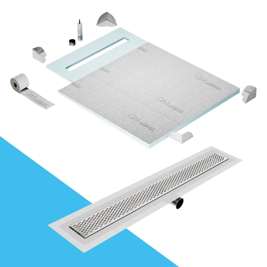 QM Drain Prefab Shower Pan Kit paired with Delta Linear Drain Kit 40 in Satin Side Outlet finish. This system offers seamless tile integration, efficient water drainage, and a sleek satin aesthetic, making it perfect for high-end shower installations with a modern side outlet configuration.