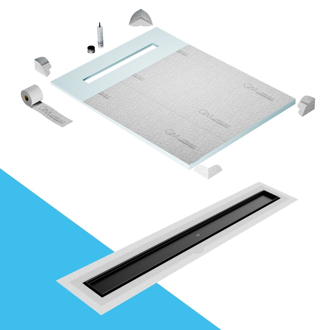 QM Drain Prefab Shower Pan Kit paired with Mist (Tile-In) Linear Drain Kit 48 in Black Flange Edge finish. This system offers seamless tile integration, efficient water drainage, and a sleek black aesthetic, perfect for high-end shower installations with a modern flange edge design.