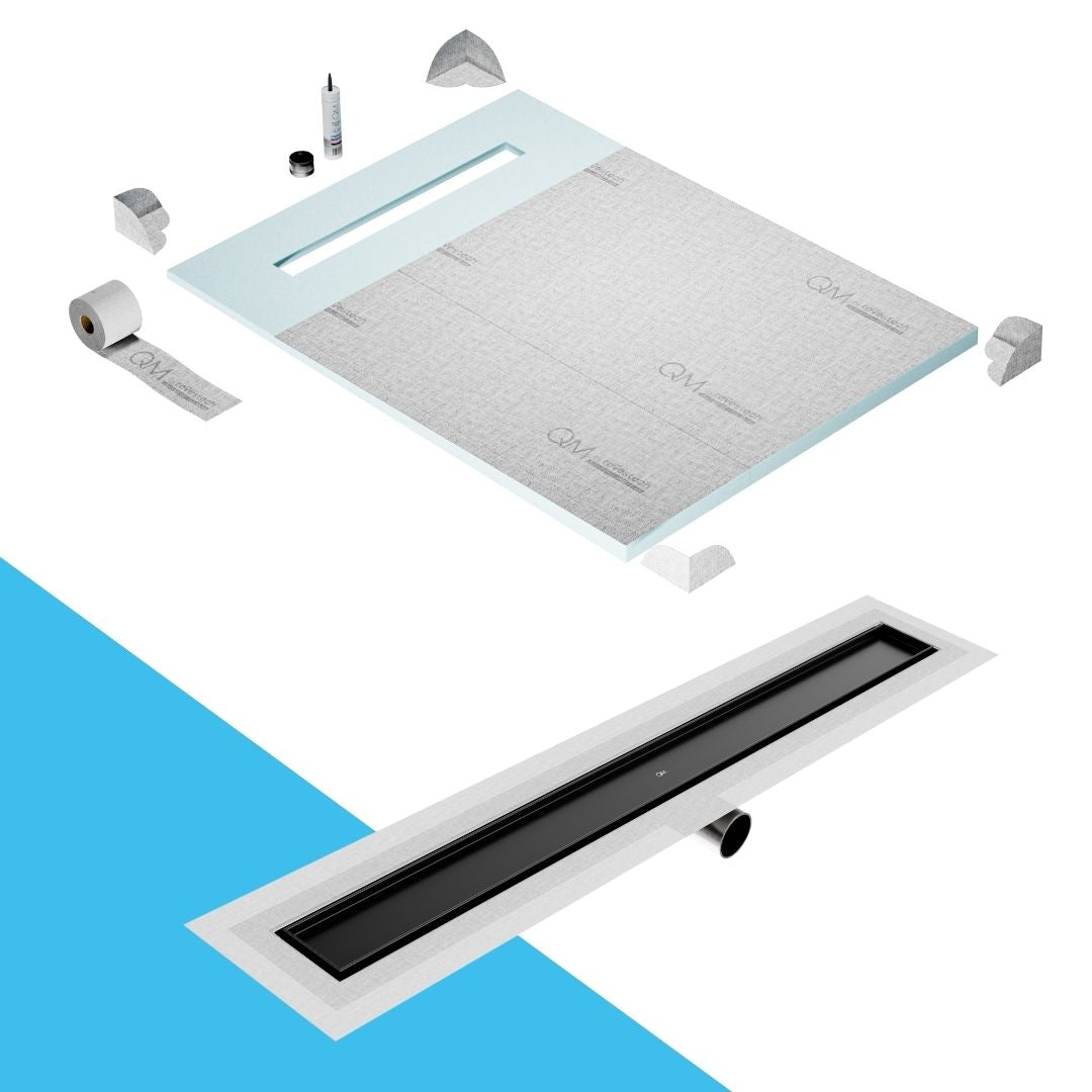 QM Drain Prefab Shower Pan Kit paired with Mist (Tile-In) Linear Drain Kit 48 in Black Side Outlet finish. This system offers seamless tile integration, efficient water drainage, and a sleek black aesthetic, ideal for luxury shower installations with a modern side outlet configuration.