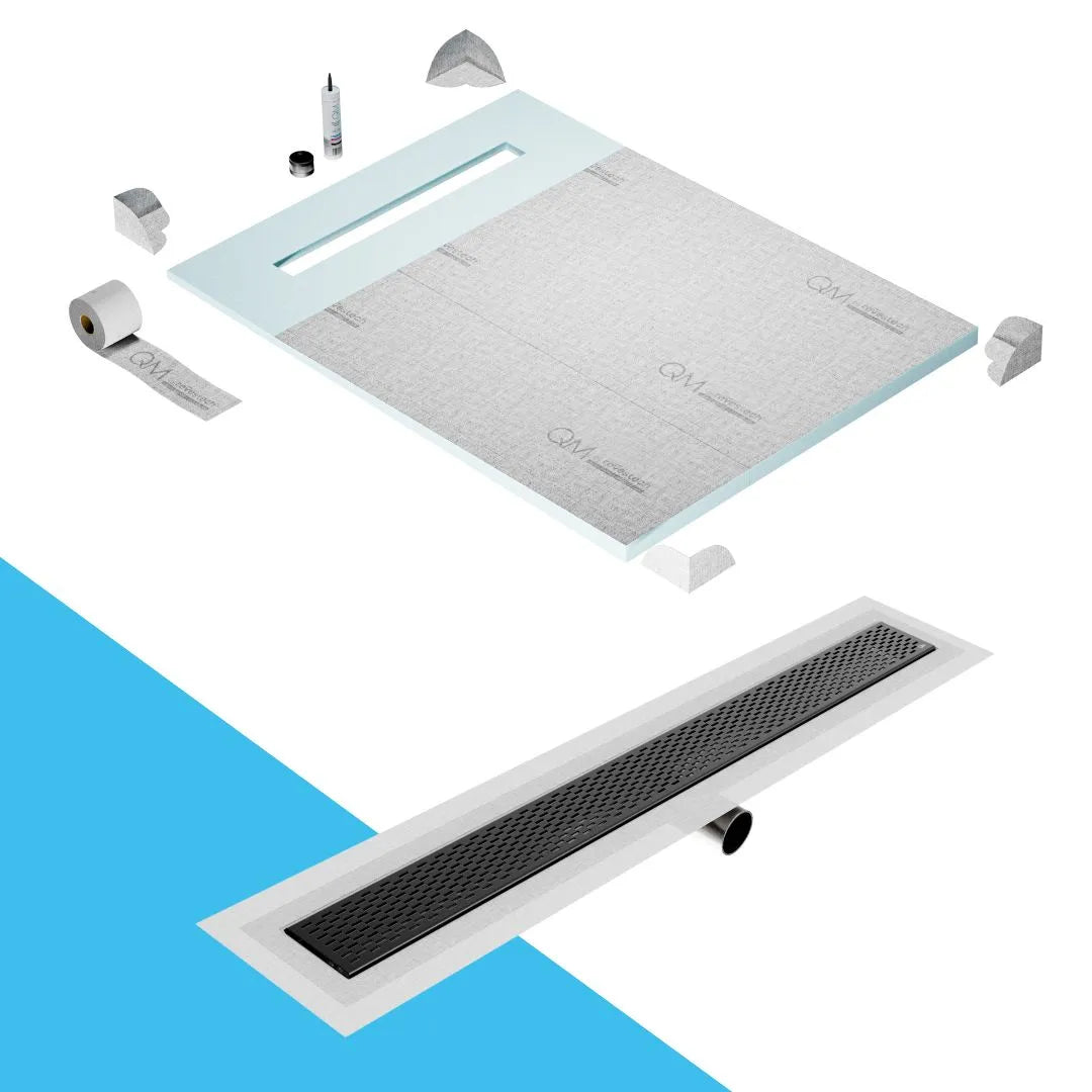 QM Drain Prefab Shower Pan Kit paired with Delta Linear Drain Kit 48 in Black Side Outlet finish. This system provides seamless tile integration, efficient water drainage, and a sleek black aesthetic, making it perfect for luxury shower installations with a modern side outlet design.