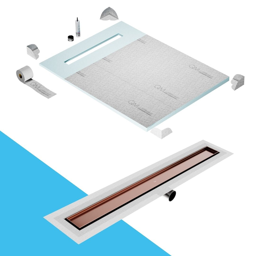 QM Drain Prefab Shower Pan Kit paired with Mist (Tile-In) Linear Drain Kit 48 in Bronze Side Outlet finish. This system offers seamless tile integration, efficient water drainage, and a sleek bronze aesthetic, perfect for luxury shower installations with a modern side outlet configuration.