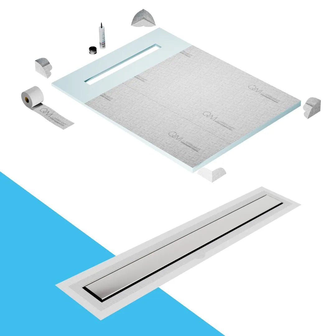 QM Drain Prefab Shower Pan Kit paired with Mist (Tile-In) Linear Drain Kit 48 in Frameless Flange Edge finish. This system features seamless tile integration, efficient water drainage, and a sleek frameless design, ideal for luxury shower installations with a modern flange edge configuration.