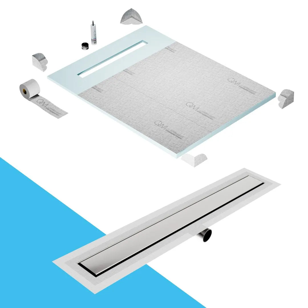 QM Drain Prefab Shower Pan Kit paired with Mist (Tile-In) Linear Drain Kit 48 in Frameless Side Outlet finish. This system offers seamless tile integration, efficient water drainage, and a sleek frameless design, perfect for high-end shower installations with a modern side outlet configuration.