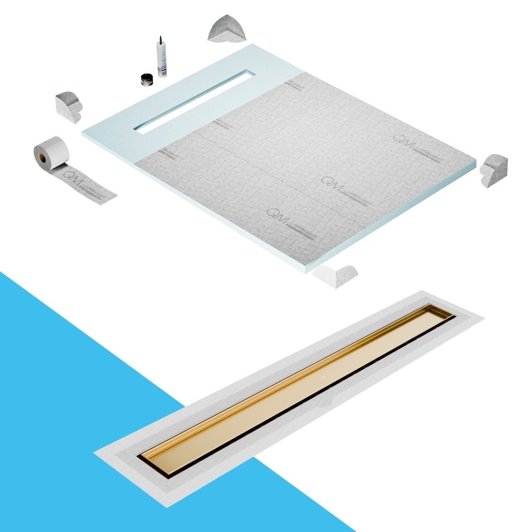 QM Drain Prefab Shower Pan Kit paired with Mist (Tile-In) Linear Drain Kit 48 in Gold Flange Edge finish. This system features seamless tile integration, efficient water drainage, and a luxurious gold aesthetic, perfect for luxury shower installations with a modern flange edge design.