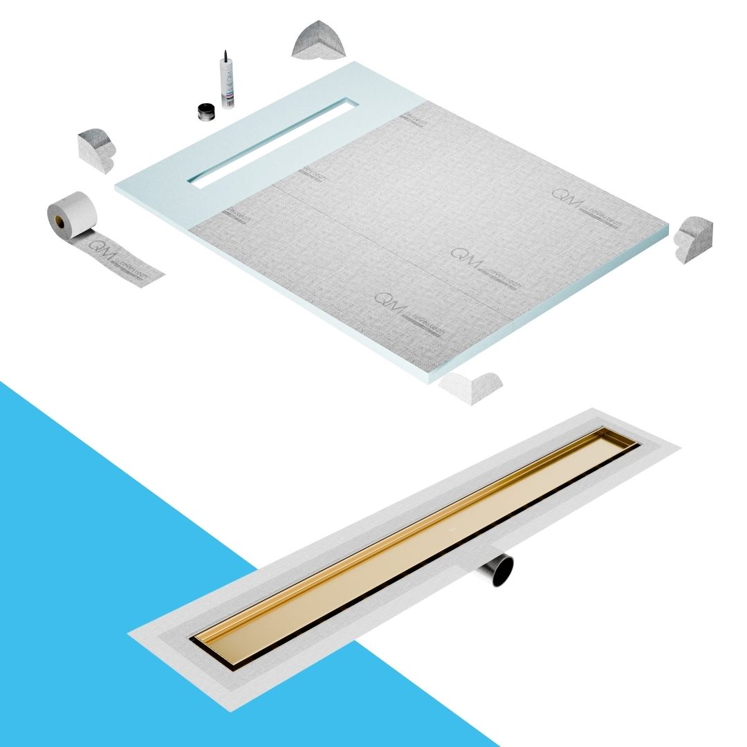 QM Drain Prefab Shower Pan Kit paired with Mist (Tile-In) Linear Drain Kit 48 in Gold Side Outlet finish. This system offers seamless tile integration, efficient water drainage, and a luxurious gold aesthetic, perfect for high-end shower installations with a sleek side outlet design.