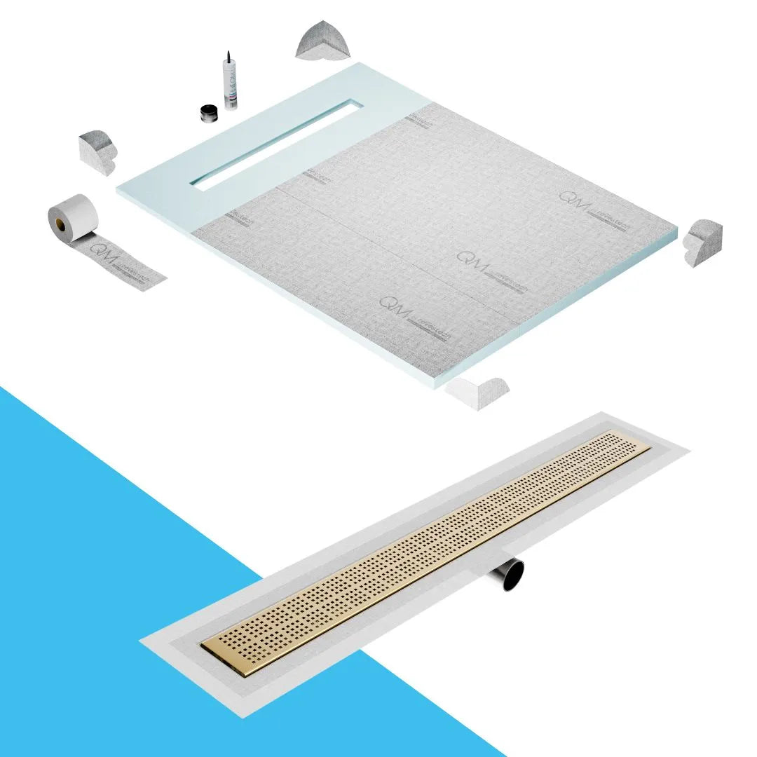 QM Drain Prefab Shower Pan Kit paired with Kai Linear Drain Kit 48 in Gold Side Outlet finish. This high-quality system provides seamless tile integration, efficient water drainage, and a luxurious gold aesthetic, ideal for luxury shower installations with a sleek and modern side outlet design.