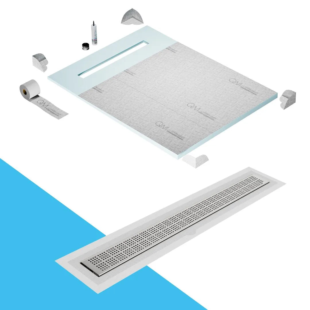 QM Drain Prefab Shower Pan Kit paired with Kai Linear Drain Kit 48 in Polished Flange Edge finish. This system ensures seamless tile integration, efficient water drainage, and a sleek polished aesthetic, making it perfect for luxury shower installations with a modern flange edge design.