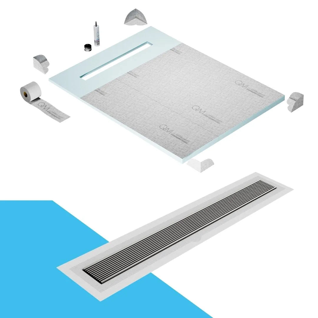 QM Drain Prefab Shower Pan Kit paired with Wedgewire Linear Drain Kit 48 in Polished Flange Edge finish. This system features a modern wedgewire design, seamless tile integration, efficient water drainage, and a polished aesthetic, ideal for luxury shower installations with a modern flange edge.