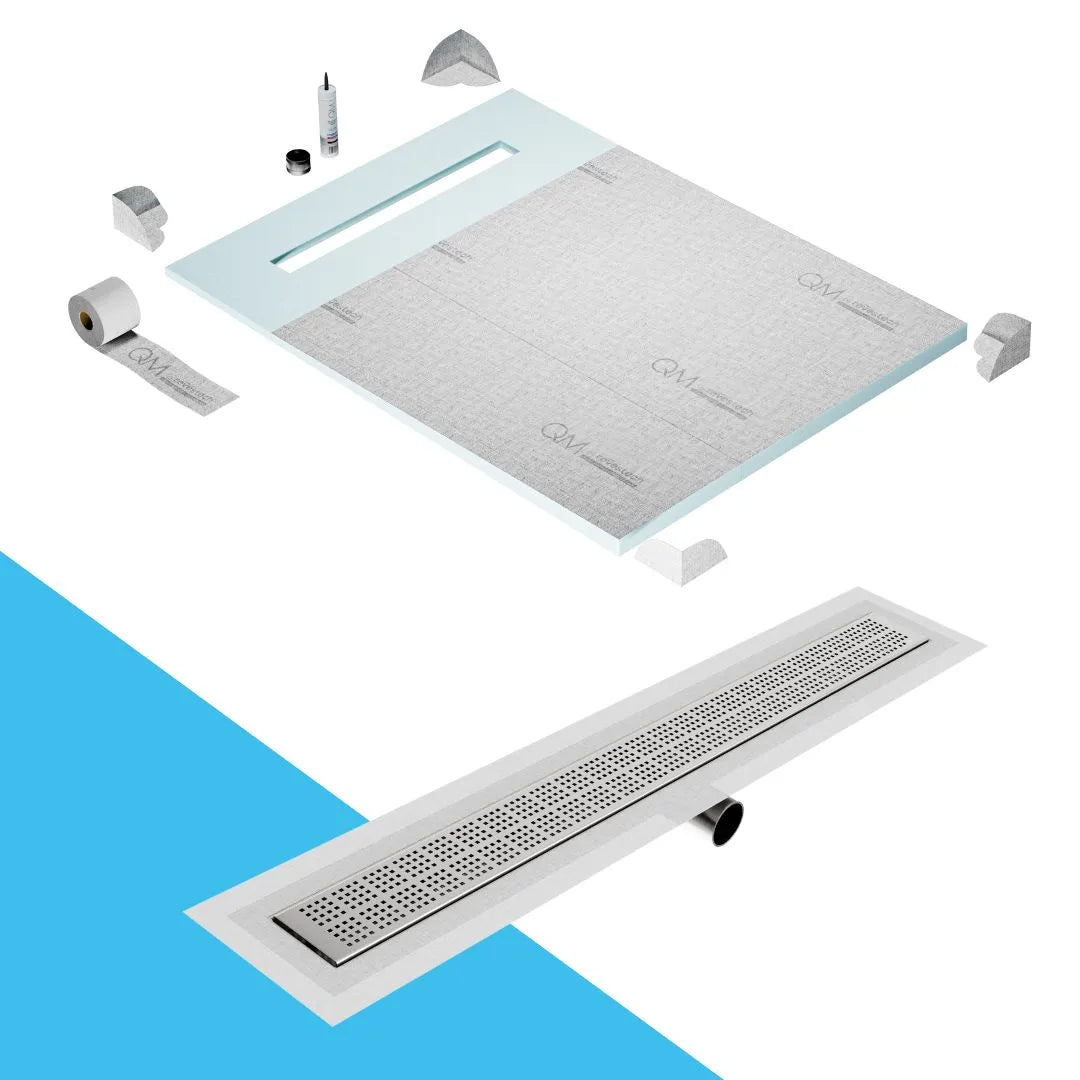 QM Drain Prefab Shower Pan Kit paired with Kai Linear Drain Kit 48 in Polished Side Outlet finish. This premium system ensures seamless tile integration, efficient water drainage, and a sleek polished aesthetic, perfect for luxury shower installations with a modern side outlet configuration.