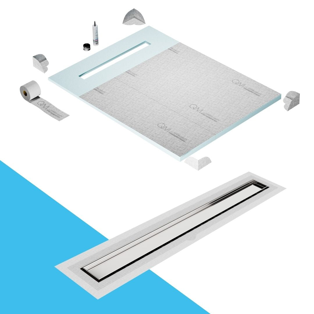 QM Drain Prefab Shower Pan Kit paired with Mist (Tile-In) Linear Drain Kit 48 in Satin Flange Edge finish. This system provides seamless tile integration, efficient water drainage, and a sleek satin aesthetic, perfect for luxury shower installations with a modern flange edge design.