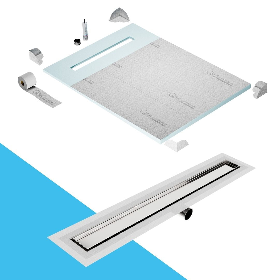 QM Drain Prefab Shower Pan Kit paired with Mist (Tile-In) Linear Drain Kit 48 in Satin Side Outlet finish. This system offers seamless tile integration, efficient water drainage, and a sleek satin aesthetic, perfect for high-end shower installations with a modern side outlet design.