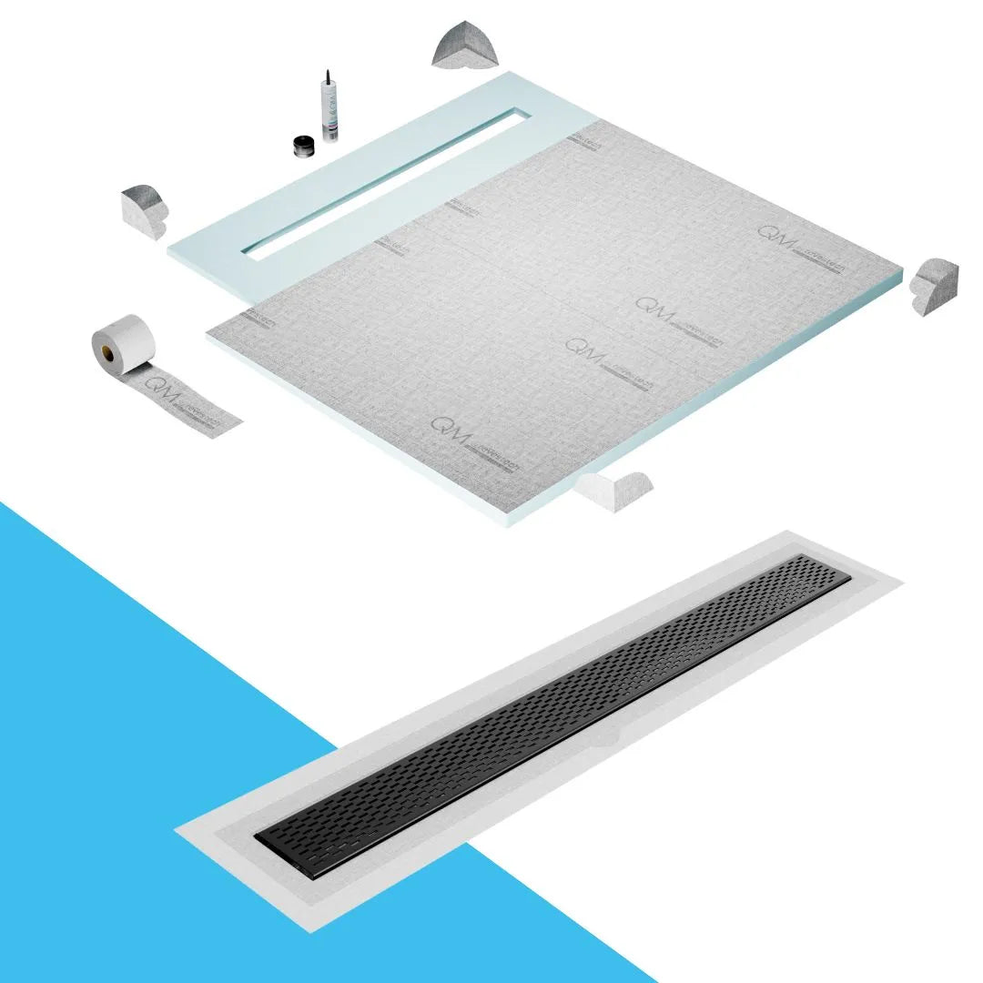 QM Drain Shower Pan with Delmar Delta Flange Edge Linear Drain, stainless-steel grate featuring modern square perforations, efficient drainage with integrated flange, available in Gold, Bronze, Polished, and Black finishes.