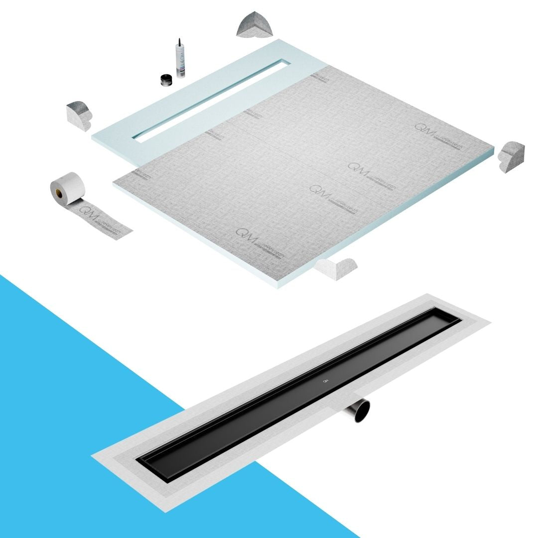QM Drain Shower Pan with Delmar Mist Tile-In Side Outlet Linear Drain, stainless-steel grate allowing seamless tile integration, 'mist' perforations, modern aesthetics, available in Satin, Gold, Bronze, Polished, and Black finishes.