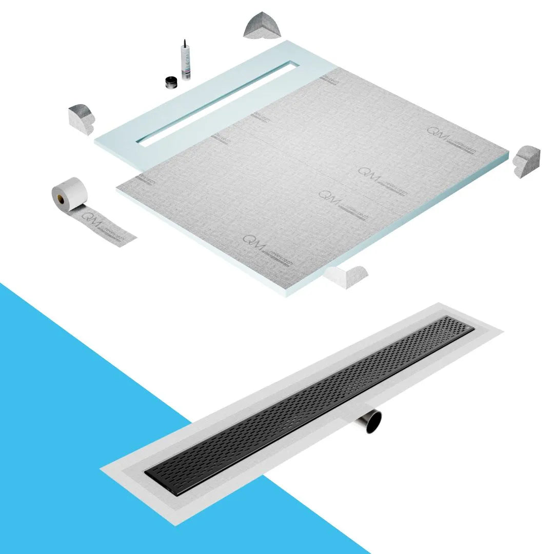 QM Drain Shower Pan with Delmar Delta Side Outlet Linear Drain, featuring stainless-steel grate with modern square perforations, efficient drainage, available in Satin, Gold, Bronze, Polished, and Black finishes.
