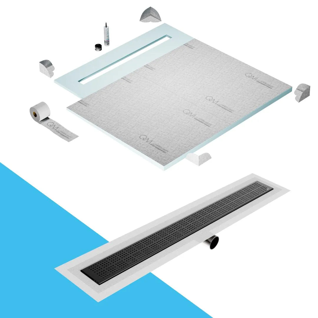 QM Drain Shower Pan with Delmar Delta Side Outlet Linear Drain, featuring stainless-steel grate with modern square perforations, efficient drainage, available in Satin, Gold, Bronze, Polished, and Black finishes.
