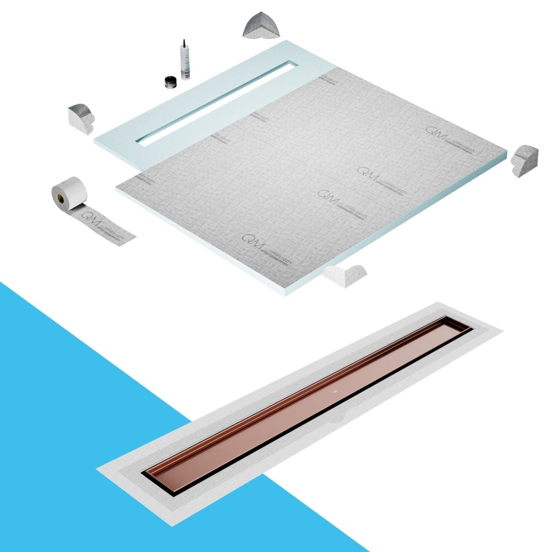 QM Drain Shower Pan with Delmar Mist Tile-In Flange Edge Linear Drain, stainless-steel grate allowing seamless tile integration, featuring fine 'mist' perforations, integrated flange, minimalist aesthetics, offered in Satin, Gold, Bronze, Polished, and Black finishes.
