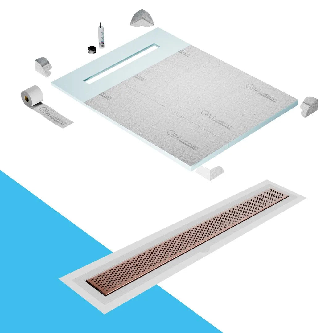 QM Drain Shower Pan with Delmar Delta Flange Edge Linear Drain, stainless-steel grate featuring modern square perforations, efficient drainage with integrated flange, available in Gold, Bronze, Polished, and Black finishes.