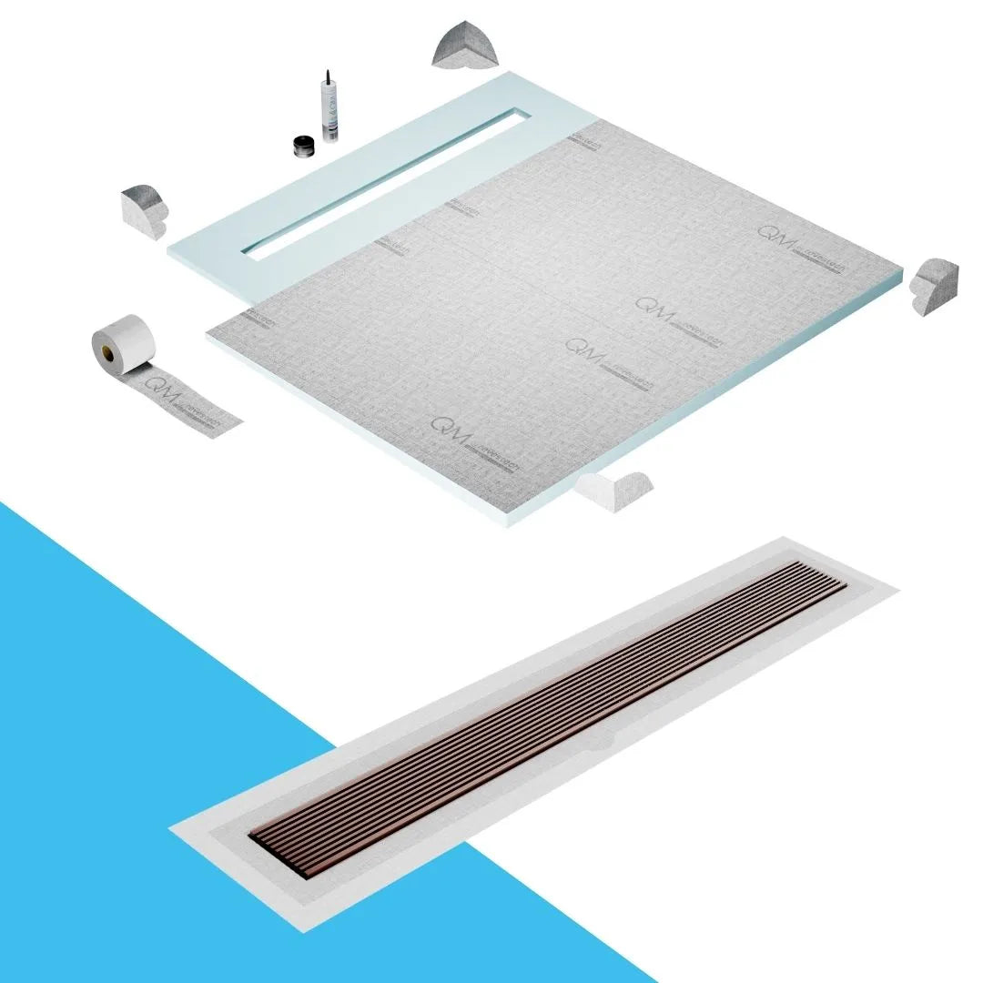 QM Drain Shower Pan with Delmar Wedgewire Flange Edge Linear Drain, stainless-steel grate featuring linear wedge-wire design, integrated flange for efficient water drainage, contemporary style, available in Satin, Gold, Bronze, Polished, and Black finishes.