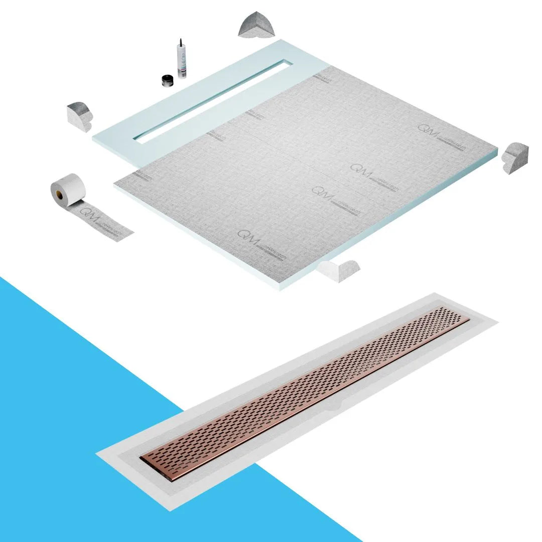 QM Drain Shower Pan with Delmar Delta Flange Edge Linear Drain, stainless-steel grate featuring modern square perforations, efficient drainage with integrated flange, available in Gold, Bronze, Polished, and Black finishes.