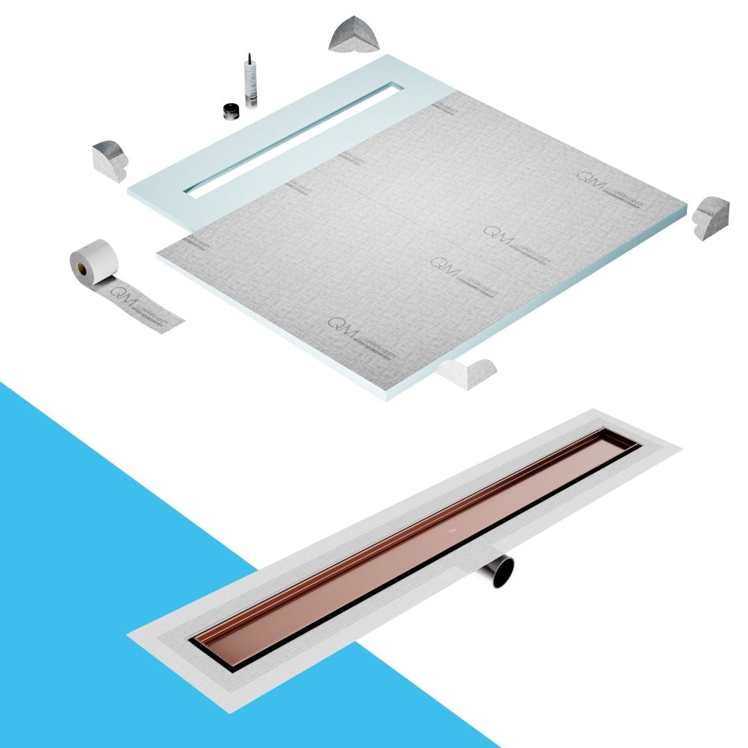 QM Drain Shower Pan with Delmar Mist Tile-In Side Outlet Linear Drain, stainless-steel grate allowing seamless tile integration, 'mist' perforations, modern aesthetics, available in Satin, Gold, Bronze, Polished, and Black finishes.