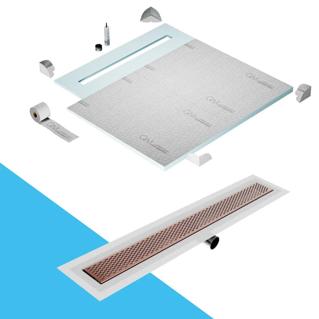 QM Drain Shower Pan with Delmar Delta Side Outlet Linear Drain, featuring stainless-steel grate with modern square perforations, efficient drainage, available in Satin, Gold, Bronze, Polished, and Black finishes.