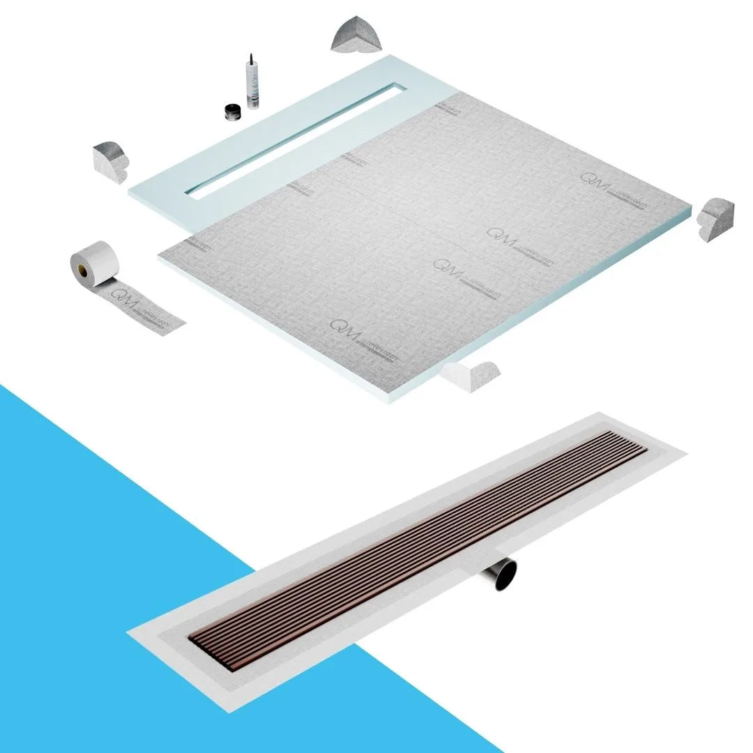 QM Drain Shower Pan with Delmar Wedgewire Side Outlet Linear Drain, stainless-steel linear wedge-wire grate for efficient drainage and contemporary style, offered in, Gold, Bronze, Polished, and Black finishes.