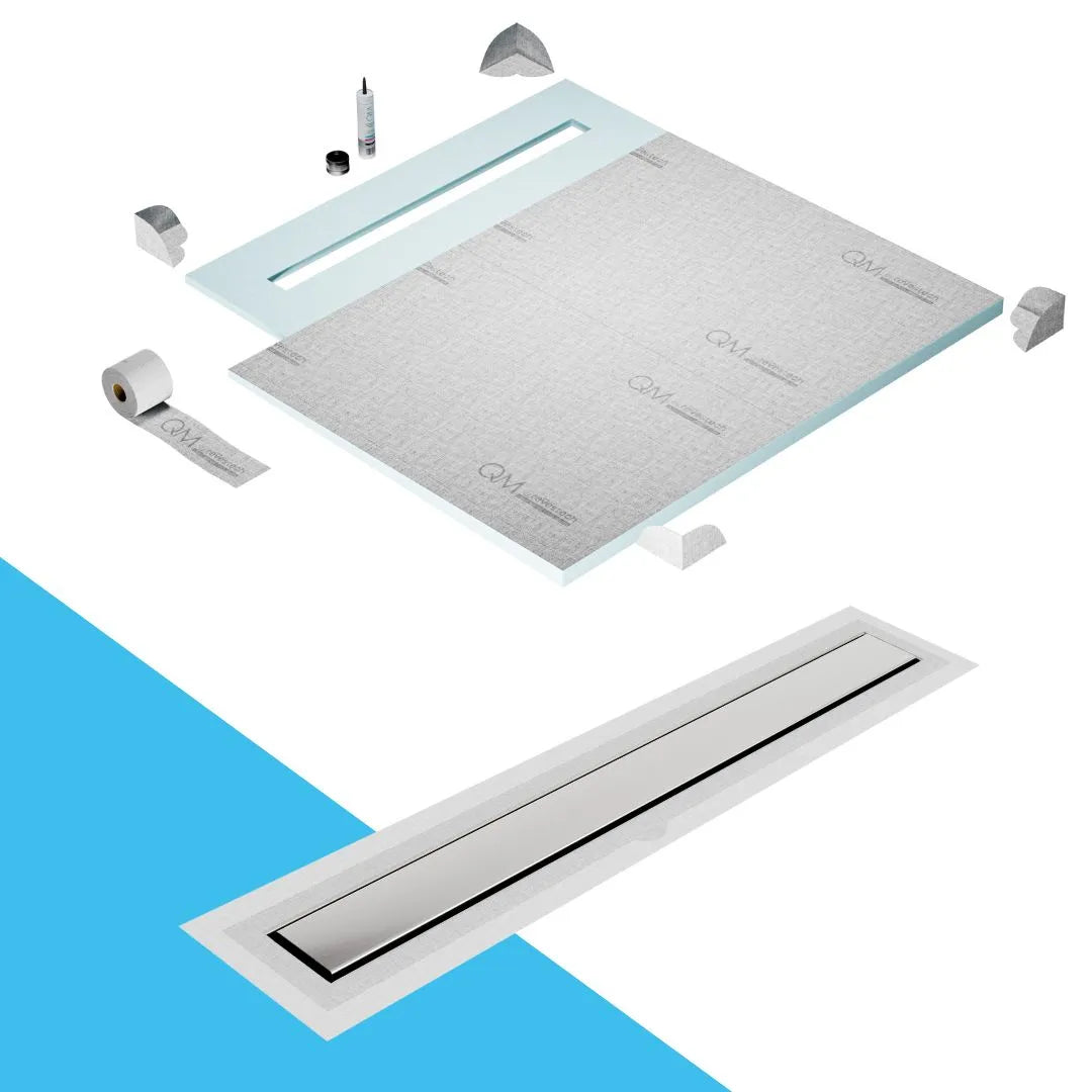 QM Drain Prefab Shower Pan Kit paired with Mist (Tile-In) Linear Drain Kit 56 Frameless Flange Edge, offering a seamless, minimalist design. The system ensures efficient water drainage, smooth tile integration, and modern aesthetics, perfect for high-end, frameless shower and bathroom floor installations.