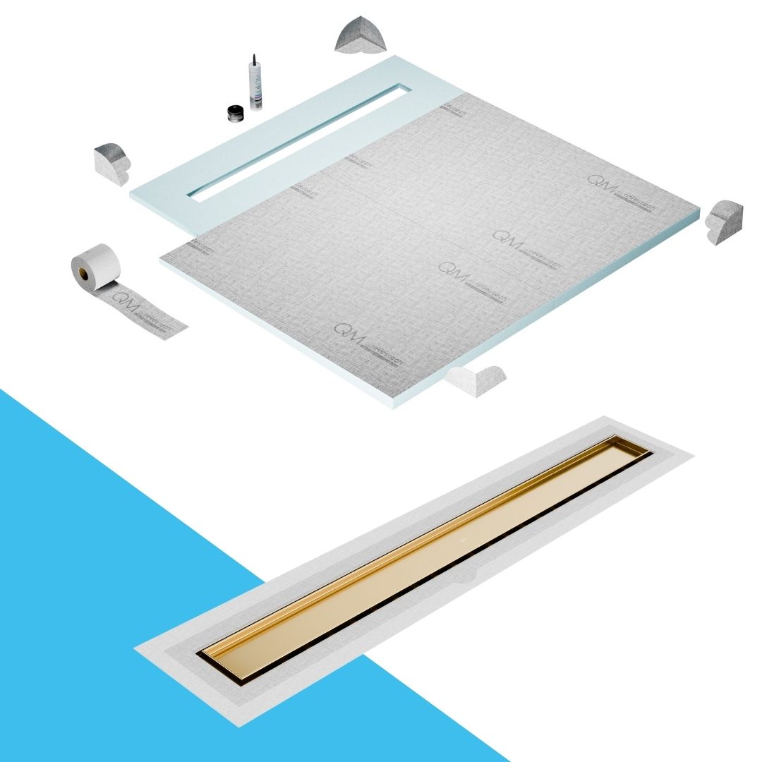 QM Drain Shower Pan with Delmar Mist Tile-In Flange Edge Linear Drain, stainless-steel grate allowing seamless tile integration, featuring fine 'mist' perforations, integrated flange, minimalist aesthetics, offered in Satin, Gold, Bronze, Polished, and Black finishes.